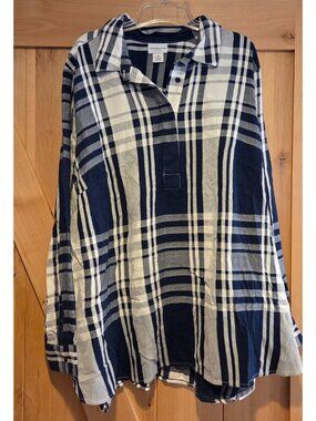 New! Liz Claiborne Shirt Women 3X White Navy Blue Plaid Popover  Tunic Collared